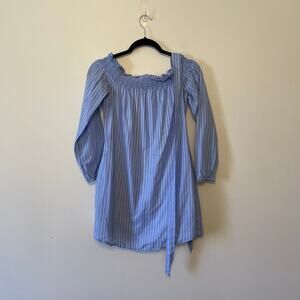 Express S petite long bishop sleeve stripe mini dress ruched summer pastel blue
